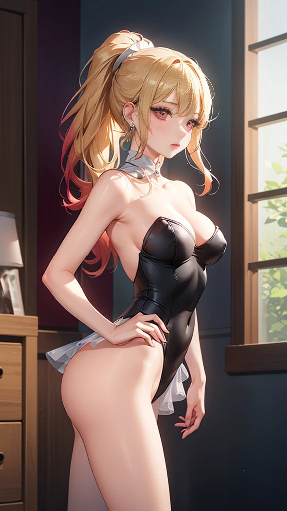masterpiece, best quality, illustration, high resolution, game cg, 1girl, high ponytail, shiny hair, blonde hair, long hair, multicolored hair, red eyes, jewelry, earrings, piercing, medium breasts, narrow waist, glossy lips, good lighting, beautiful detailed eyes, detailed face, ballerina, standing, leotard with tutu, pantyhose, 30 year old woman, MILF