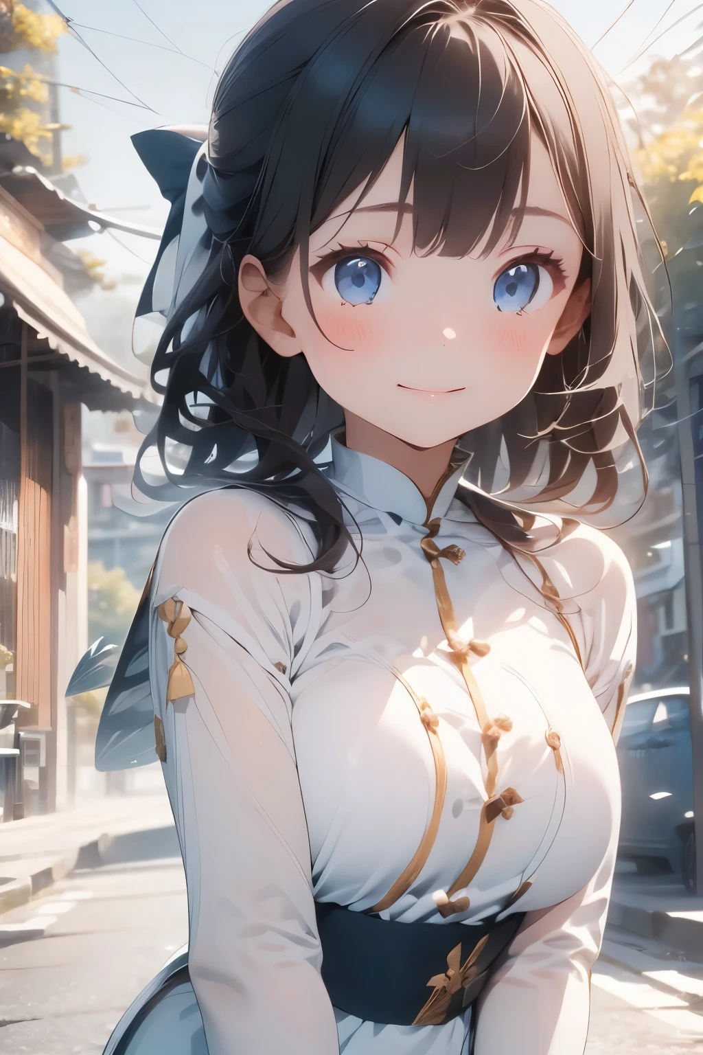 ((Top Quality)), ((Excellent)), (Details),,((nymph)),10 years old, Black Hair,(Childish face),((Straight Hair)), shiny hair, a Girl ,Medium Breasts, ((Blue Eyes)),masterpiece,, ((white ao dai)),((Áo dài)), , ultra realistic, 32k, extremely detailed CG unity 8k wallpaper, best quality, soft lighting, solo, Straight Hair, blunt bangs, hair bow, hair ribbon, ribbon, ((white ao dai)),((white Áo dài)), outdoors, (Vietnam street), 1girl, black bow, cate , stunning environment ,vibrant colors ,((Straight Hair)),
