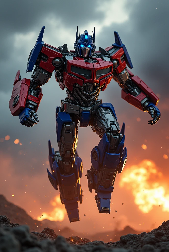 Optimus Prime, robot warrior, leaping against dark cloudy sky, intense battle background, dynamic explosion effects, cinematic lighting, highly detailed, 8K, (best quality,4k,8k,highres,masterpiece:1.2),ultra-detailed,(realistic,photorealistic,photo-realistic:1.37),epic action scene,dramatic pose,intricate mechanical design,glowing energy,sparks,dust,devastation,cinematic angle,dramatic lighting