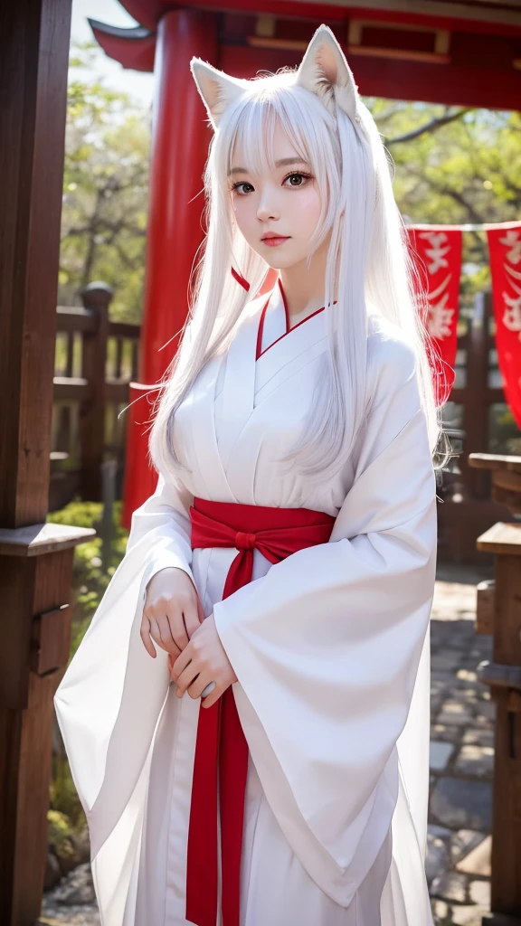 The beauty of the white fox、Pale skin、tail、shrine、8k、Shrine maiden costume、look forward to、Overall image、Red lines on face、shrine境内
