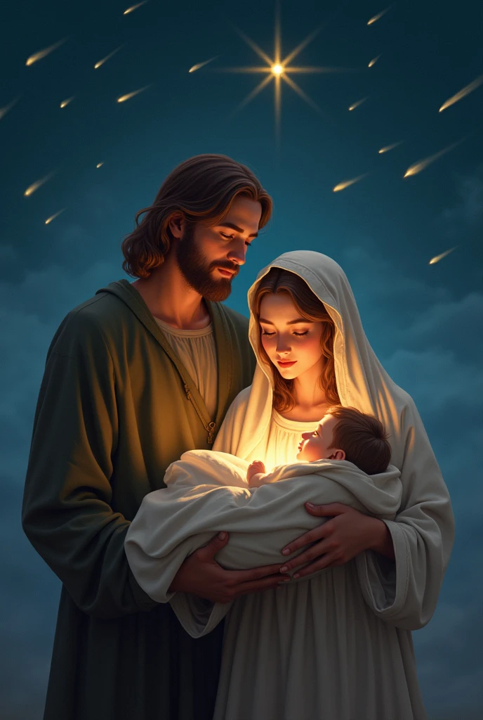 illustration:
Mary holding Jesus with Joseph at her side, both illuminated by a soft golden glow. Ao fundo, small shooting stars cross the sky, as if they were dancing.