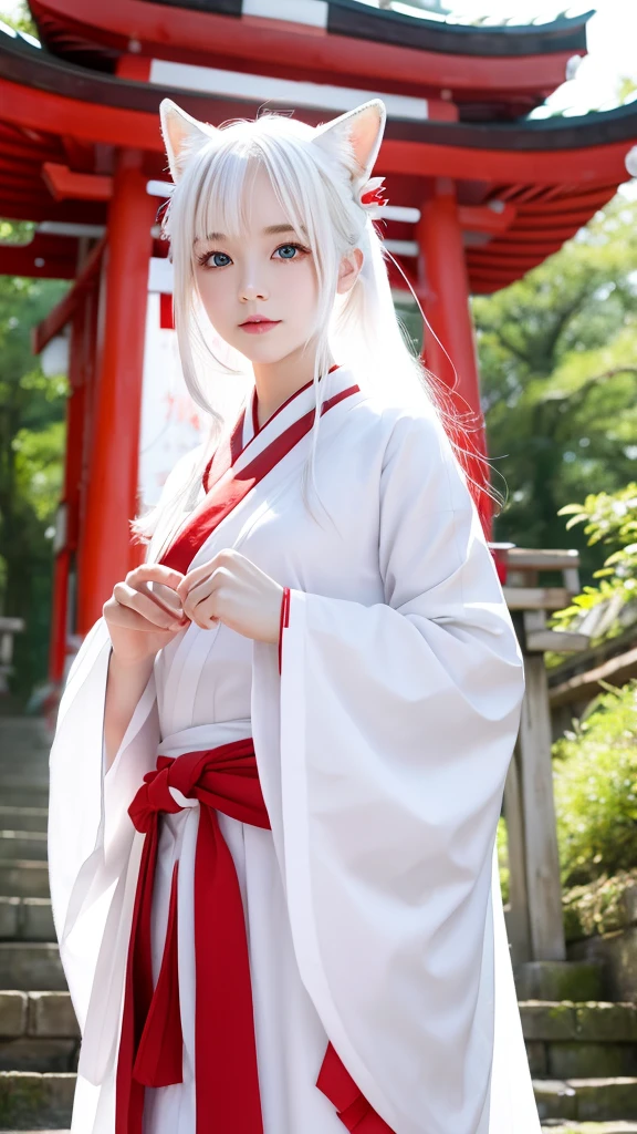 The beauty of the white fox、Pale skin、tail、shrine、8k、Shrine maiden costume、look forward to、Overall image、Red lines on face、shrine境内