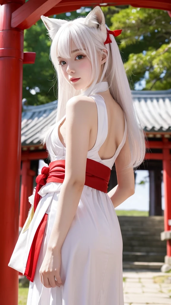 The beauty of the white fox、Pale skin、tail、shrine、8k、Shrine maiden costume、look forward to、Overall image、Red lines on face、shrine境内