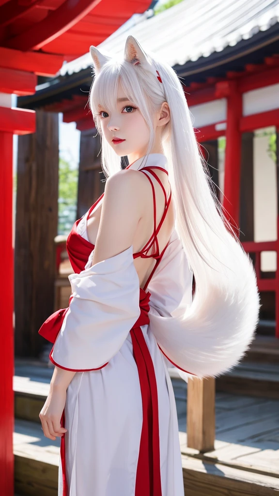 The beauty of the white fox、Pale skin、tail、shrine、8k、Shrine maiden costume、look forward to、Overall image、Red lines on face、shrine境内