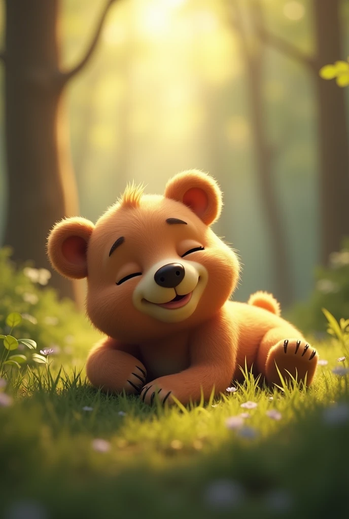 Highest quality Animated cute baby bear smiling with mouth closed and eyes closed lying on his side in the forest Natural light 3d