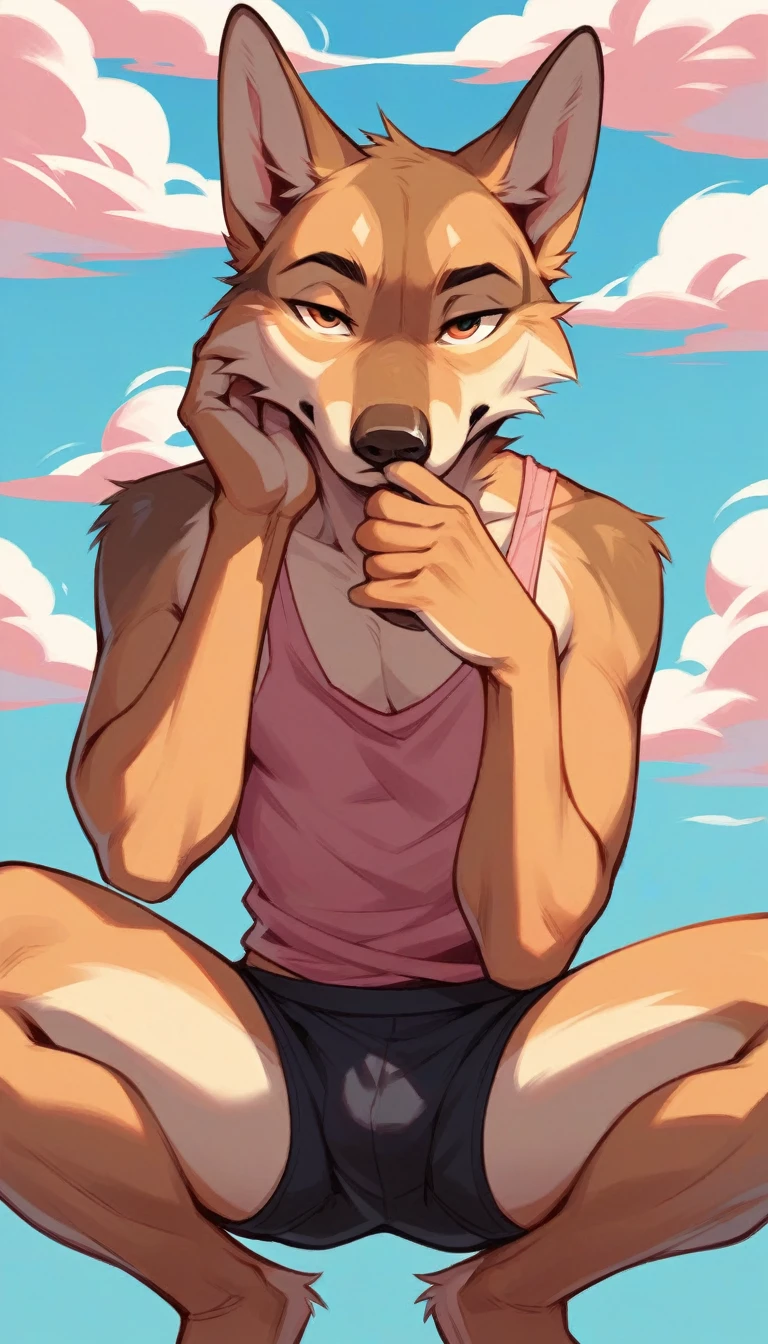 Anthropomorphic cartoon coyote in the style of the 1940s, Wearing black underwear, pink tank top,smelling his left hand, squatting posture, blue background pink clouds, in front of the viewer, Body facing forward, open legs