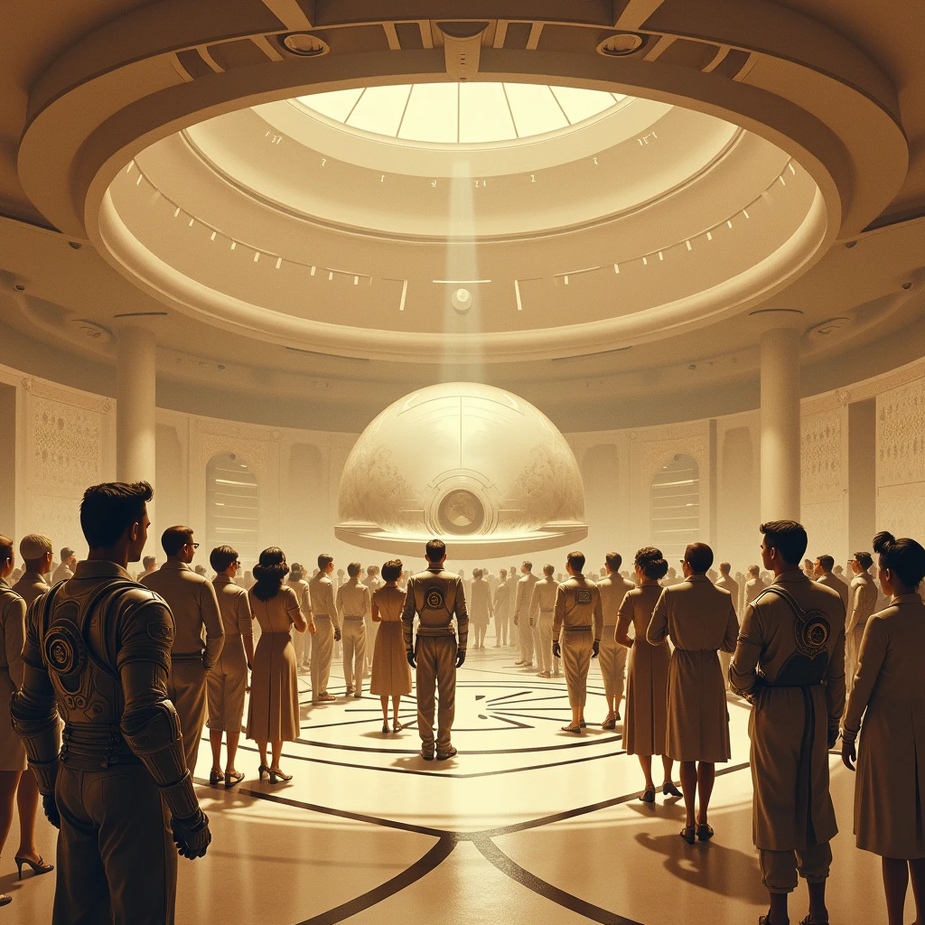 Agora Hall" in a retro-futuristic style from the 1950s, with a sepia-toned color palette. The hall should be filled with people, all dressed in retro-futuristic attire. Some are wearing sleek, mid-century modern clothing with futuristic twists, while others are in uniforms reminiscent of a spacefaring society. A few individuals are clad in ornate, battle-ready armor with a 1950s sci-fi aesthetic. The large, dome-shaped ceiling reflects the warm sepia tones, and the walls feature geometric patterns and futuristic murals. The atmosphere is bustling, capturing the energy and diversity of this imagined society. The overall scene combines vintage futuristic design with a sense of community and readiness for adventure