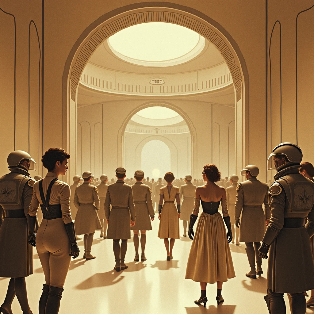 Agora Hall" in a retro-futuristic style from the 1950s, with a sepia-toned color palette. The hall should be filled with people, all dressed in retro-futuristic attire. Some are wearing sleek, mid-century modern clothing with futuristic twists, while others are in uniforms reminiscent of a spacefaring society. A few individuals are clad in ornate, battle-ready armor with a 1950s sci-fi aesthetic. The large, dome-shaped ceiling reflects the warm sepia tones, and the walls feature geometric patterns and futuristic murals. The atmosphere is bustling, capturing the energy and diversity of this imagined society. The overall scene combines vintage futuristic design with a sense of community and readiness for adventure