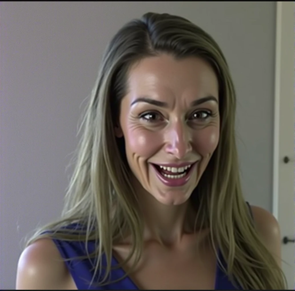 a detailed evil witch with a big nose, big forehead, long hair, raised eyebrows, perfect teeth, wearing a blue dress, evil laugh, cinematic lighting, hyper realistic, 8k hd resolution, highly detailed, photorealistic, masterpiece