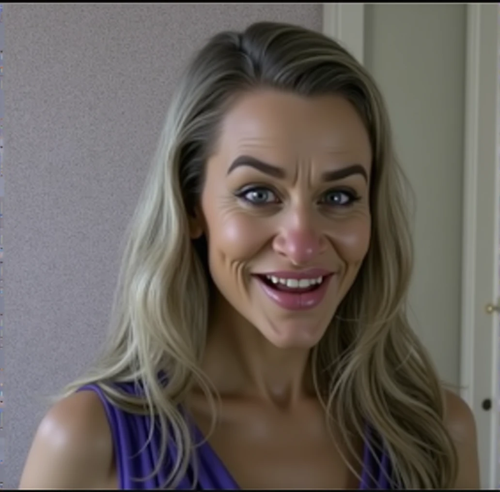 a detailed evil witch with a big nose, big forehead, long hair, raised eyebrows, perfect teeth, wearing a blue dress, evil laugh, cinematic lighting, hyper realistic, 8k hd resolution, highly detailed, photorealistic, masterpiece