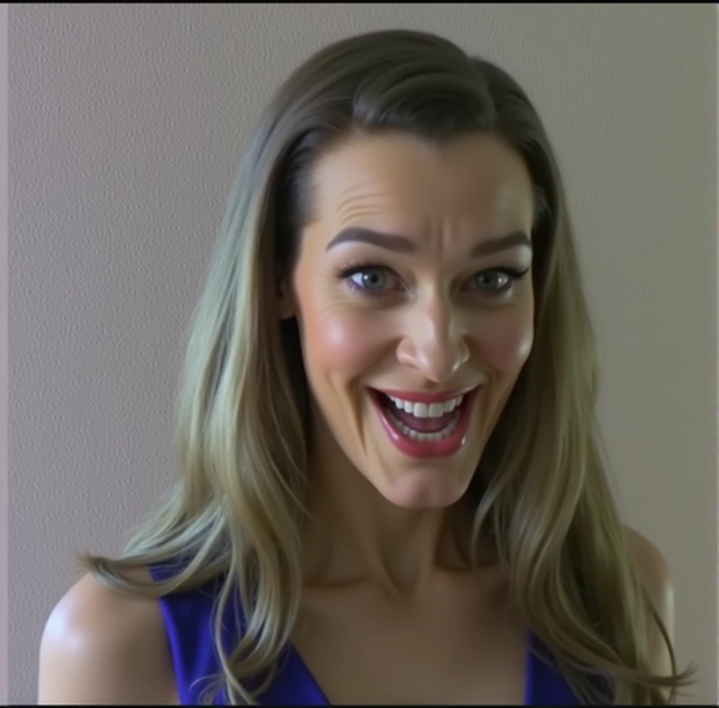 a detailed evil witch with a big nose, big forehead, long hair, raised eyebrows, perfect teeth, wearing a blue dress, evil laugh, cinematic lighting, hyper realistic, 8k hd resolution, highly detailed, photorealistic, masterpiece