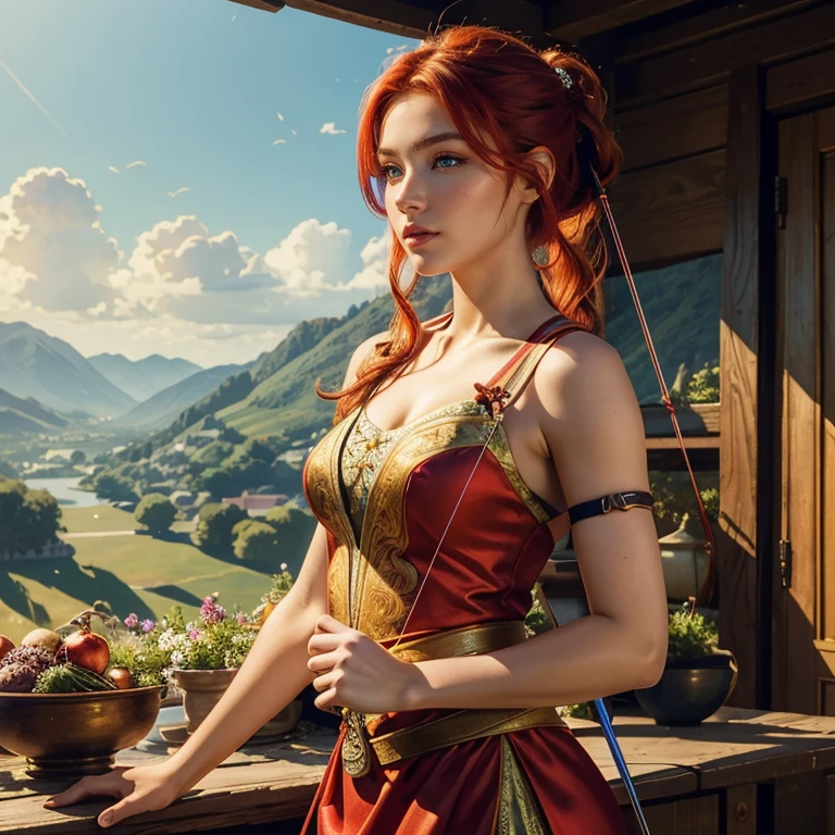 (masterpiece, best quality:1.5), highest quality, High resolution, super detailed, Realists, Upper body photo of a red-haired archer, detailed and beautiful eyes, beautiful detailed lips, very detailed eyes and face, longeyelashes, Archer in shiny satin dress, Simple details in the fabric. Beautiful and colorful makeup, ponytail hairstyle, Gardens as background, bright daylight, bright colors, fine brushstrokes, Portrait style, beautiful color palette, glowing skin, First-class rendering, that captures every detail, enchanting atmosphere, (perfect anatomy:1.2), (The stunning archer holds a bow. (magnificent panorama view:1.2)