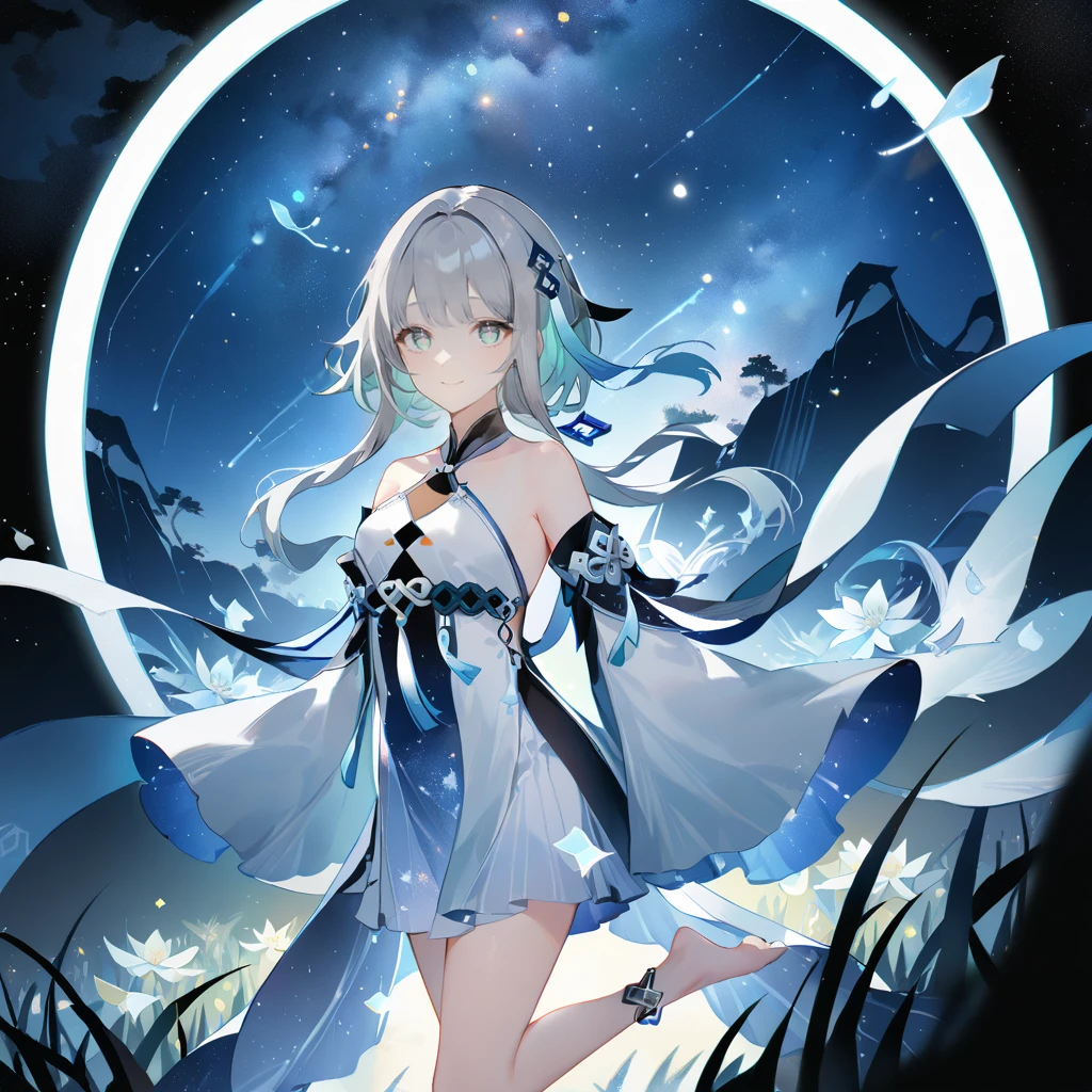 score_9, score_8_up, score_7_up, score_6_up,1girl, guizhong_\(genshin_impact\),(grey hair),short_hair_with_long_locks in front and low ponytail in back,gradient_hair,(pale grey eyes with seafoam gradient),starry_sky_print,detached_sleeves white outside blue starry inside, hands completely hidden by long sleeves,stunning field of softly glowing cerulean and white glaze lilies,night scene,gentle smile,face focus, eye focus,ladyshadow,moonlight,glossy lips,vivid anime coloring,cel shading,smooth, soft dreamy focus,anklet,halter_top,white clothes,highly detailed,digital painting,bare_shoulders,barefoot,cool night tones, magical night scene,geo crystalflies,professional,anemo colored fireflies,nebula of stardust and silvery vapor,harmonious blend of nature and art,transcendent beauty,awe-inspiring artwork,(best quality,4k,8k,highres,masterpiece:1.2),yunamaro,carnelian,dsmile,cosmic stardust,guizhong, guizhong's def clothes, 1girl, long hair, blue eyes, barefoot, guizhong's dress, hair ornament, chinese clothes, sleeves past fingers,