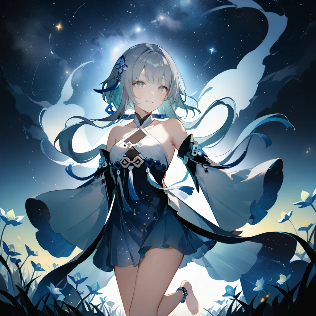 score_9, score_8_up, score_7_up, score_6_up,1girl, guizhong_\(genshin_impact\),(grey hair),short_hair_with_long_locks in front and low ponytail in back,gradient_hair,(pale grey eyes with seafoam gradient),starry_sky_print,detached_sleeves white outside blue starry inside, hands completely hidden by long sleeves,stunning field of softly glowing cerulean and white glaze lilies,night scene,gentle smile,face focus, eye focus,ladyshadow,moonlight,glossy lips,vivid anime coloring,cel shading,smooth, soft dreamy focus,anklet,halter_top,white clothes,highly detailed,digital painting,bare_shoulders,barefoot,cool night tones, magical night scene,geo crystalflies,professional,anemo colored fireflies,nebula of stardust and silvery vapor,harmonious blend of nature and art,transcendent beauty,awe-inspiring artwork,(best quality,4k,8k,highres,masterpiece:1.2),yunamaro,carnelian,dsmile,cosmic stardust,guizhong, guizhong's def clothes, 1girl, long hair, blue eyes, barefoot, guizhong's dress, hair ornament, chinese clothes, sleeves past fingers,