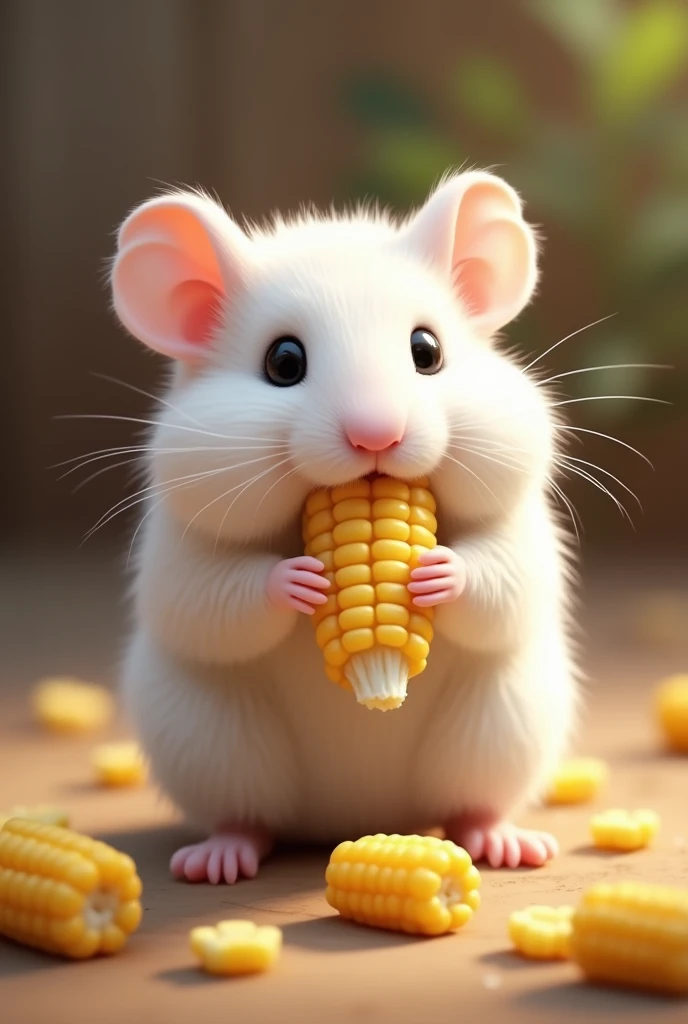 Imagine a white-furred Russian hamster, with its small rounded body and small ears. He is sitting on his hind legs, holding a piece of corn with its front paws. The corn has yellow kernels and is partially chewed.. The hamster has a curious and satisfied approach as he enjoys his snack., and maybe there are some corn kernels scattered around it. The scene could be set in a cage or in a natural environment., with soft lighting that highlights the white fur of the hamster and the golden color of the corn.