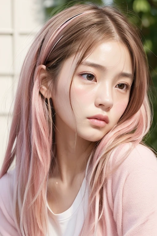 (((masterpeace))), ((photo realistic:1.55)),Japanese girl,16 years old,((broad jawline)),realistic skin,puffy face, twin braids, ((Very light pink hair mixed with very light brown hair)),(((messy hair))),Frowning