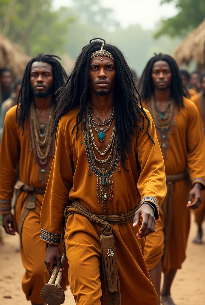 Generate a oromo young men with long hair wearing culture clothes and walk to some where