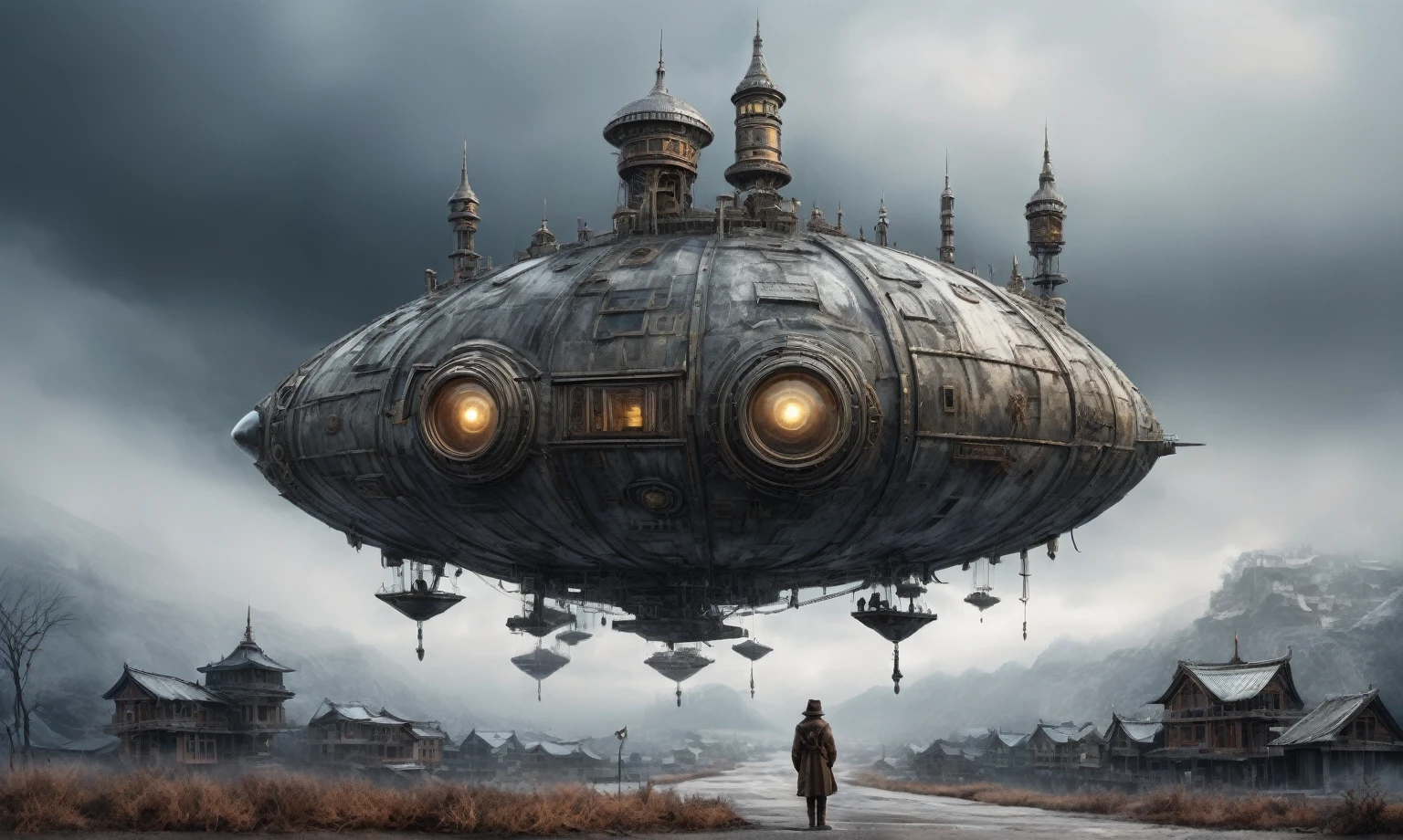 insane pilot from USSR ,pinhead, camouflage Rusty, Ambient in a meteorite ,graphite witch after a psychiatric clinic,winter,intricate landscape,slate grey atmosphere,film grain,faded,eyes extremely detailed,another world,ring of truth,view from height,once pretty face,eyebrow up,full body shot,ominous landscape, Simon Stalenhag,Nicola Samori,full body shot,beggar paladium The Alien Entity,Technicolor,natural skin textures, hyper realism, hyper detailed,Extremely detailed,High contrast,Masterpiece,Realistic,Ultra Detailed, intricate details,realistic humid leather,extremly intricate,Epic Realistic, cinematic style,irina yermolova,high contrast,hdr,extremely detailed, deep night landscape,masterpiece,intricate details,faded,eyes extremely detailed, high detailed eyes,8k resolution,RAW,retina, Nikon Z9,China,Guangxi Zhuang of China,tkt style,ears perfect, transition between two art styles, Ink painting to photorealism, Double contact, X-ray, Creative, vivid light, masterpiece, fantasy, Abstract Surrealism, super detailed, high resolution, stop:35;Her skin is pale, almost translucent,ancient rock,a hot air soars through the layers of clouds, revealing a colossal and enigmatic cityscape nestled within. The buildings in this ethereal city are adorned with intricate details and exude an aura of mystery. Above the cityscape, lend an enchanting touch to the scene. steampunk. The intricate mechanics create a sense of wonder and fascination, as if stepping into a dreamlike realism