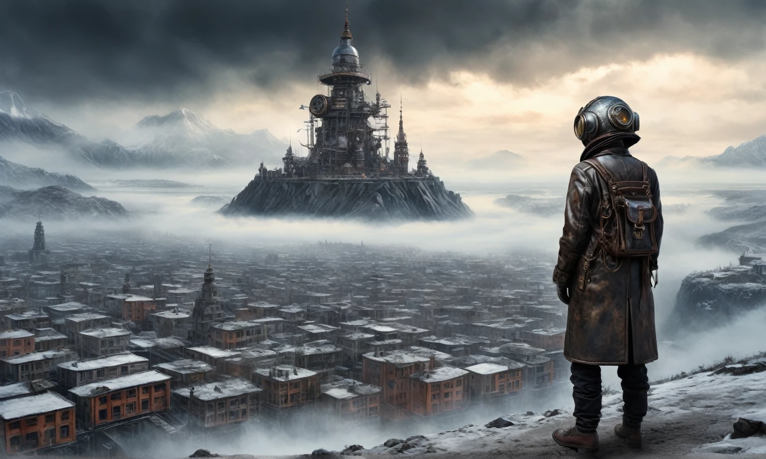 insane pilot from USSR ,pinhead, camouflage Rusty, Ambient in a meteorite ,graphite witch after a psychiatric clinic,winter,intricate landscape,slate grey atmosphere,film grain,faded,eyes extremely detailed,another world,ring of truth,view from height,once pretty face,eyebrow up,full body shot,ominous landscape, Simon Stalenhag,Nicola Samori,full body shot,beggar paladium The Alien Entity,Technicolor,natural skin textures, hyper realism, hyper detailed,Extremely detailed,High contrast,Masterpiece,Realistic,Ultra Detailed, intricate details,realistic humid leather,extremly intricate,Epic Realistic, cinematic style,irina yermolova,high contrast,hdr,extremely detailed, deep night landscape,masterpiece,intricate details,faded,eyes extremely detailed, high detailed eyes,8k resolution,RAW,retina, Nikon Z9,China,Guangxi Zhuang of China,tkt style,ears perfect, transition between two art styles, Ink painting to photorealism, Double contact, X-ray, Creative, vivid light, masterpiece, fantasy, Abstract Surrealism, super detailed, high resolution, stop:35;Her skin is pale, almost translucent,ancient rock,a hot air soars through the layers of clouds, revealing a colossal and enigmatic cityscape nestled within. The buildings in this ethereal city are adorned with intricate details and exude an aura of mystery. Above the cityscape, lend an enchanting touch to the scene. steampunk. The intricate mechanics create a sense of wonder and fascination, as if stepping into a dreamlike realism