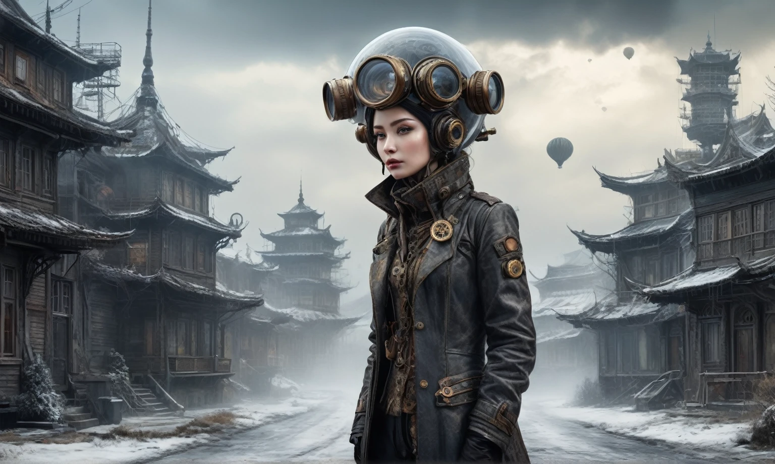insane pilot from USSR ,pinhead, camouflage Rusty, Ambient in a meteorite ,graphite witch after a psychiatric clinic,winter,intricate landscape,slate grey atmosphere,film grain,faded,eyes extremely detailed,another world,ring of truth,view from height,once pretty face,eyebrow up,full body shot,ominous landscape, Simon Stalenhag,Nicola Samori,full body shot,beggar paladium The Alien Entity,Technicolor,natural skin textures, hyper realism, hyper detailed,Extremely detailed,High contrast,Masterpiece,Realistic,Ultra Detailed, intricate details,realistic humid leather,extremly intricate,Epic Realistic, cinematic style,irina yermolova,high contrast,hdr,extremely detailed, deep night landscape,masterpiece,intricate details,faded,eyes extremely detailed, high detailed eyes,8k resolution,RAW,retina, Nikon Z9,China,Guangxi Zhuang of China,tkt style,ears perfect, transition between two art styles, Ink painting to photorealism, Double contact, X-ray, Creative, vivid light, masterpiece, fantasy, Abstract Surrealism, super detailed, high resolution, stop:35;Her skin is pale, almost translucent,ancient rock,a hot air soars through the layers of clouds, revealing a colossal and enigmatic cityscape nestled within. The buildings in this ethereal city are adorned with intricate details and exude an aura of mystery. Above the cityscape, lend an enchanting touch to the scene. steampunk. The intricate mechanics create a sense of wonder and fascination, as if stepping into a dreamlike realism