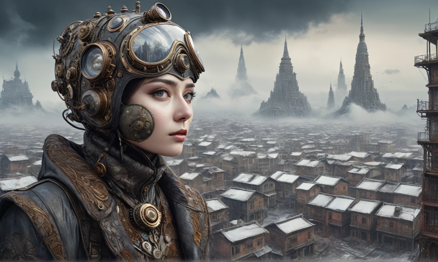 insane pilot from USSR ,pinhead, camouflage Rusty, Ambient in a meteorite ,graphite witch after a psychiatric clinic,winter,intricate landscape,slate grey atmosphere,film grain,faded,eyes extremely detailed,another world,ring of truth,view from height,once pretty face,eyebrow up,full body shot,ominous landscape, Simon Stalenhag,Nicola Samori,full body shot,beggar paladium The Alien Entity,Technicolor,natural skin textures, hyper realism, hyper detailed,Extremely detailed,High contrast,Masterpiece,Realistic,Ultra Detailed, intricate details,realistic humid leather,extremly intricate,Epic Realistic, cinematic style,irina yermolova,high contrast,hdr,extremely detailed, deep night landscape,masterpiece,intricate details,faded,eyes extremely detailed, high detailed eyes,8k resolution,RAW,retina, Nikon Z9,China,Guangxi Zhuang of China,tkt style,ears perfect, transition between two art styles, Ink painting to photorealism, Double contact, X-ray, Creative, vivid light, masterpiece, fantasy, Abstract Surrealism, super detailed, high resolution, stop:35;Her skin is pale, almost translucent,ancient rock,a hot air soars through the layers of clouds, revealing a colossal and enigmatic cityscape nestled within. The buildings in this ethereal city are adorned with intricate details and exude an aura of mystery. Above the cityscape, lend an enchanting touch to the scene. steampunk. The intricate mechanics create a sense of wonder and fascination, as if stepping into a dreamlike realism