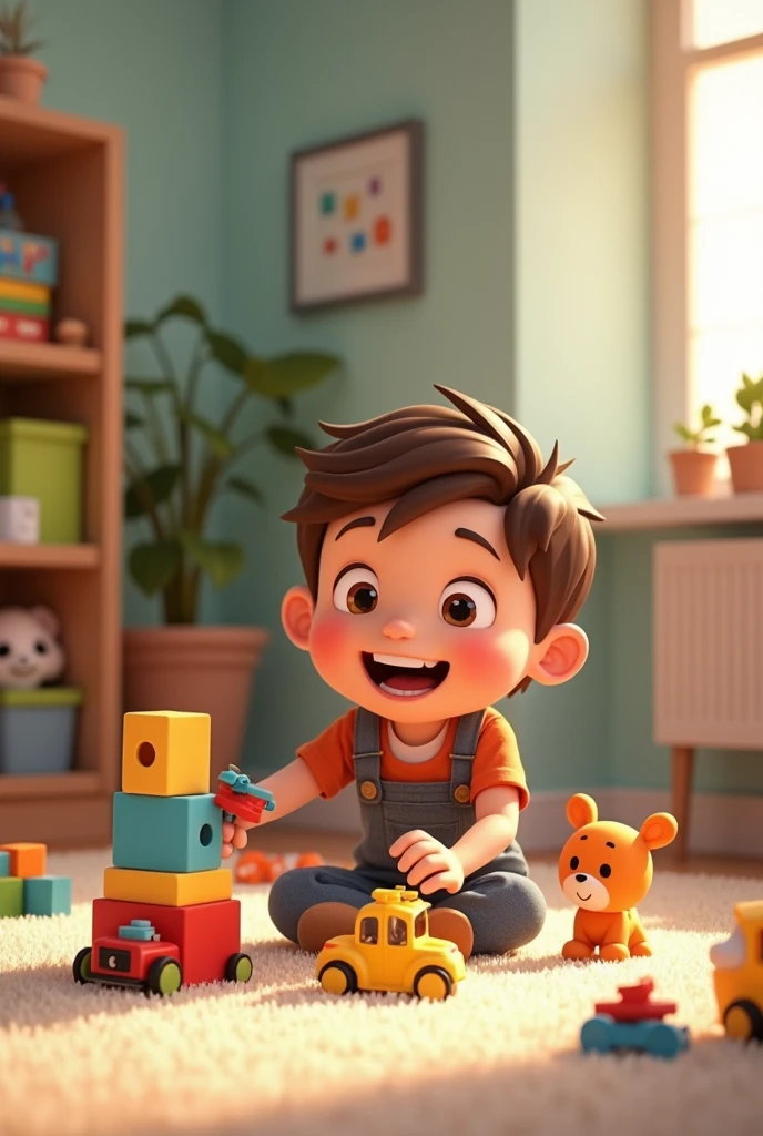 Timmy’s Joyful Playtime: "A boy playing with toys on a clean carpet, surrounded by neatly arranged toy boxes and an organized room."