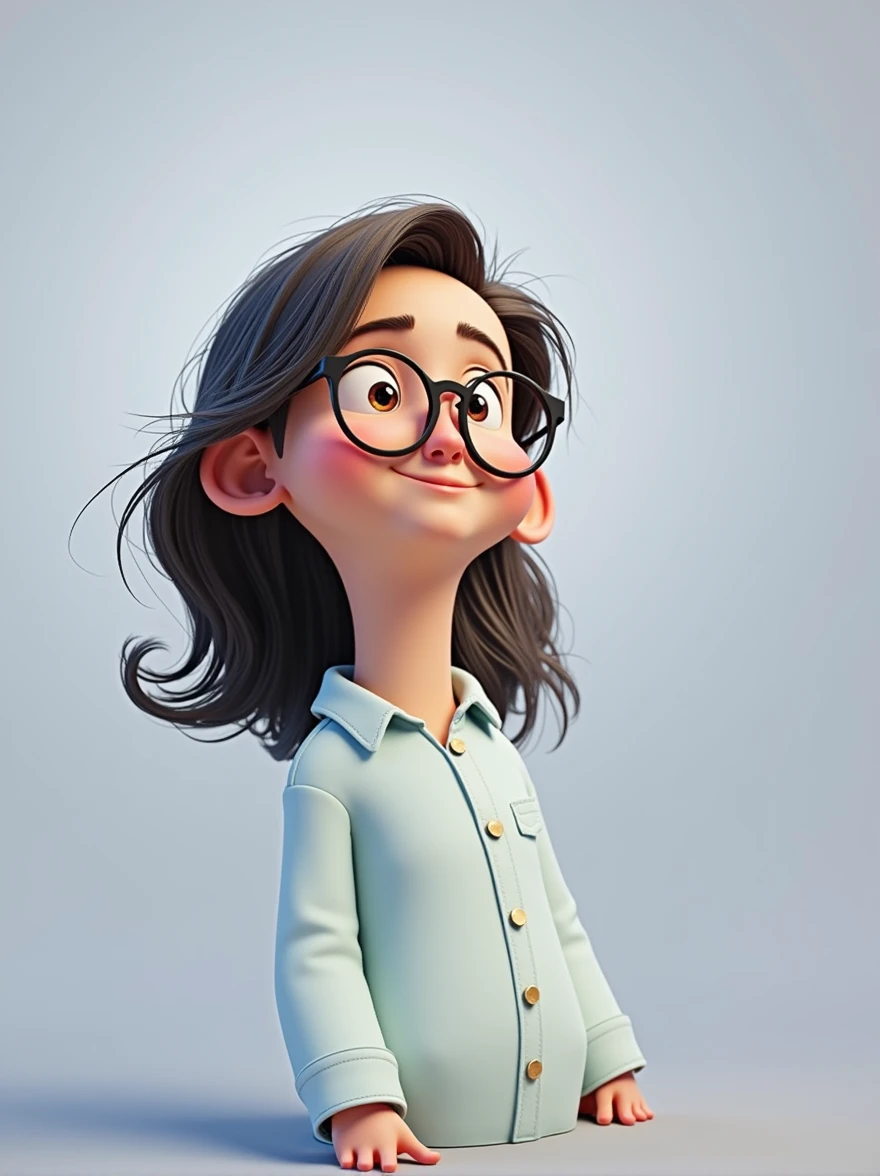 Cartoon character of a man in black glasses and blue shirt, an animated character, stylized character, animation style rendering, 3d stylized, Arnold Maya rendering, Stylized 3D rendering, toon render screenshot, 3d character, 3d character, Stylized 3D rendering, 3D character rendering, cartoon character, Personagem de close up, character posing, (Pixar-style) (master part:1.2) (bokeh) (best qualityer) (skin detailed) (detailed texture) (8k) (Argilla) (cinematic lighting) (sharp focus，Sit down and lift your upper body