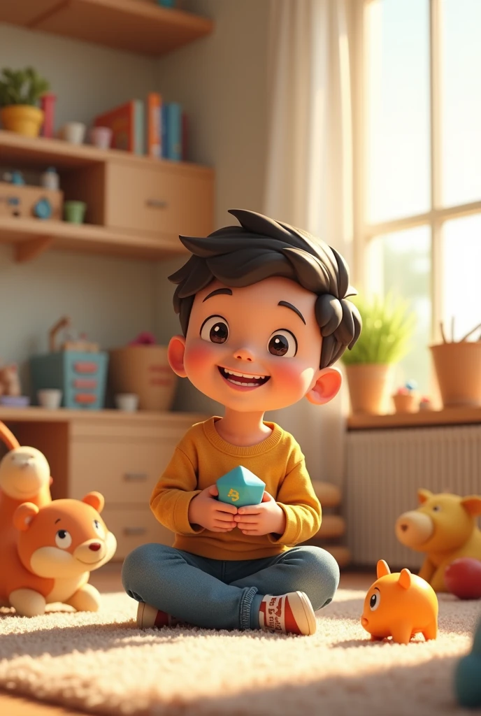 Timmy’s Joyful Playtime: "A boy playing with toys on a clean carpet, surrounded by neatly arranged toy boxes and an organized room."