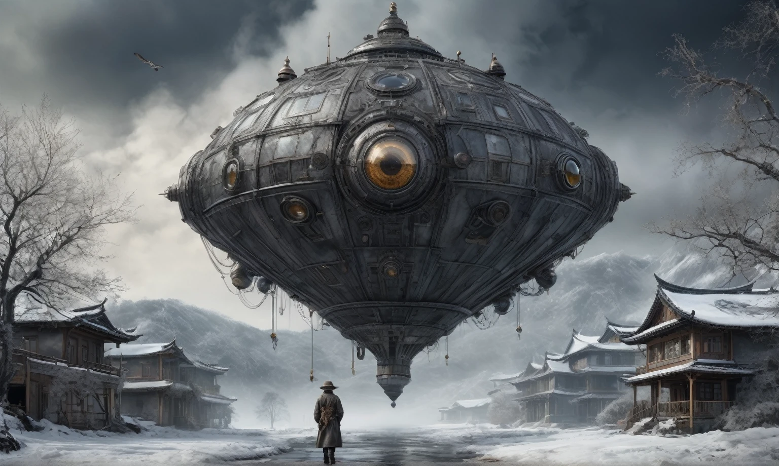insane USSR soldier,pinhead, camouflage Rusty, Ambient in a meteorite ,graphite witch after a psychiatric clinic,winter,intricate landscape,slate grey atmosphere,film grain,faded,eyes extremely detailed,another world,ring of truth,view from height,once pretty face,eyebrow up,full body shot,ominous landscape, Simon Stalenhag,Nicola Samori,full body shot,beggar paladium The Alien Entity,Technicolor,natural skin textures, hyper realism, hyper detailed,Extremely detailed,High contrast,Masterpiece,Realistic,Ultra Detailed, intricate details,realistic humid leather,extremly intricate,Epic Realistic, cinematic style,irina yermolova,high contrast,hdr,extremely detailed, deep night landscape,masterpiece,intricate details,faded,eyes extremely detailed, high detailed eyes,8k resolution,RAW,retina, Nikon Z9,China,Guangxi Zhuang of China,tkt style,ears perfect, transition between two art styles, Ink painting to photorealism, Double contact, X-ray, Creative, vivid light, masterpiece, fantasy, Abstract Surrealism, super detailed, high resolution, stop:35;Her skin is pale, almost translucent,ancient rock,a hot air soars through the layers of clouds, revealing a colossal and enigmatic cityscape nestled within. The buildings in this ethereal city are adorned with intricate details and exude an aura of mystery. Above the cityscape, lend an enchanting touch to the scene. steampunk. The intricate mechanics create a sense of wonder and fascination, as if stepping into a dreamlike realism