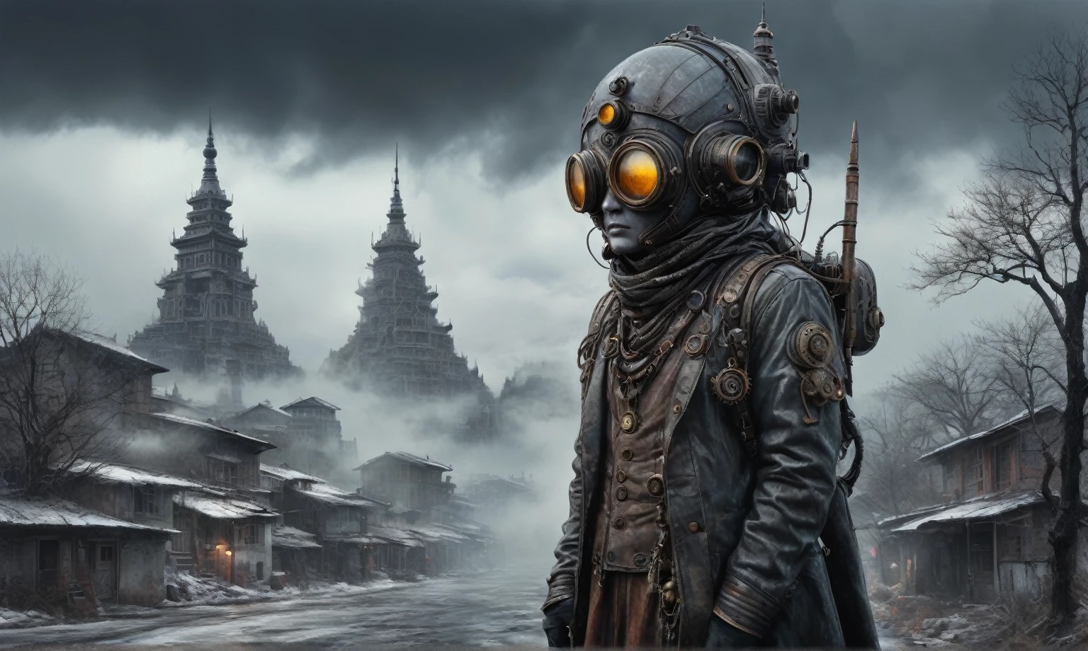 insane USSR soldier,pinhead, camouflage Rusty, Ambient in a meteorite ,graphite witch after a psychiatric clinic,winter,intricate landscape,slate grey atmosphere,film grain,faded,eyes extremely detailed,another world,ring of truth,view from height,once pretty face,eyebrow up,full body shot,ominous landscape, Simon Stalenhag,Nicola Samori,full body shot,beggar paladium The Alien Entity,Technicolor,natural skin textures, hyper realism, hyper detailed,Extremely detailed,High contrast,Masterpiece,Realistic,Ultra Detailed, intricate details,realistic humid leather,extremly intricate,Epic Realistic, cinematic style,irina yermolova,high contrast,hdr,extremely detailed, deep night landscape,masterpiece,intricate details,faded,eyes extremely detailed, high detailed eyes,8k resolution,RAW,retina, Nikon Z9,China,Guangxi Zhuang of China,tkt style,ears perfect, transition between two art styles, Ink painting to photorealism, Double contact, X-ray, Creative, vivid light, masterpiece, fantasy, Abstract Surrealism, super detailed, high resolution, stop:35;Her skin is pale, almost translucent,ancient rock,a hot air soars through the layers of clouds, revealing a colossal and enigmatic cityscape nestled within. The buildings in this ethereal city are adorned with intricate details and exude an aura of mystery. Above the cityscape, lend an enchanting touch to the scene. steampunk. The intricate mechanics create a sense of wonder and fascination, as if stepping into a dreamlike realism