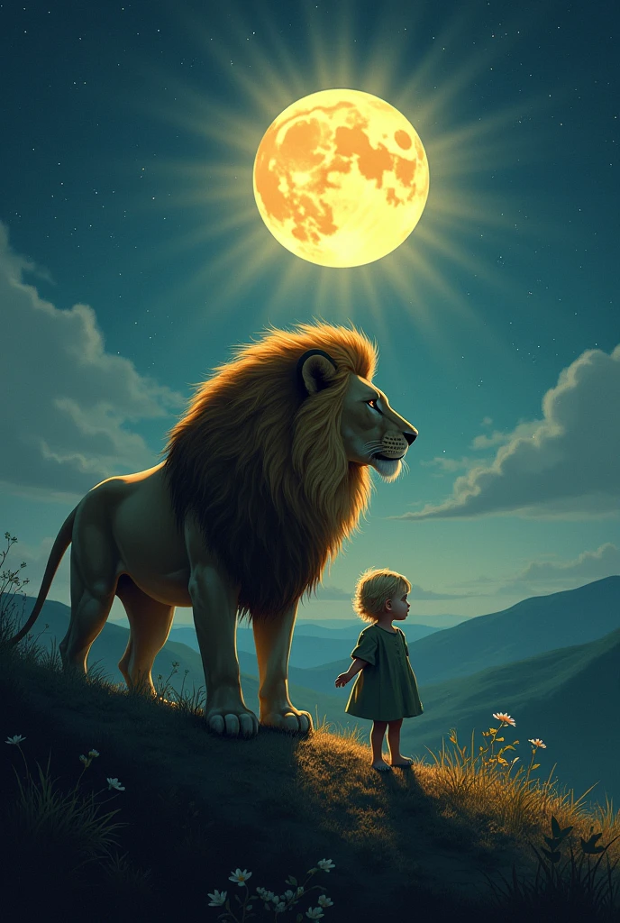 At night the lion dreams of returning home with the child.