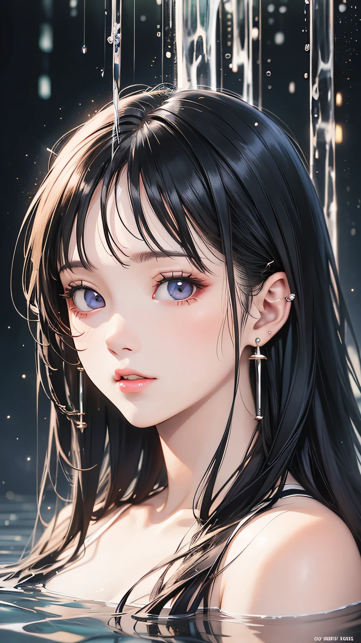 (8k、Photorealistic、RAW Photos、Highest quality: 1.4)、Very beautiful girl happily bathing near a clear and cool waterfall、Pink Skin、blue eyes、Black Hair、Detailed face、Detailed body、(Beautifully detailed face)、(Beautiful attention to detail)、realistic model、highly detailed natural landscape、CGI 8K resolution  
