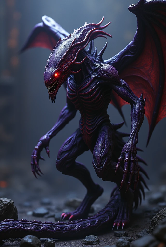 body has a vaguely draconic shape and a skeletal appearance, and is largely dark violet with red highlights.

The body in general, looks a lot like the Xenomorph Queen, but as if she had infected a dragon and formed a Xenomorph Queen Dragon 
