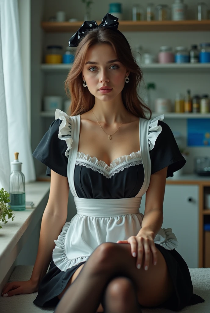 Imagine a beautiful young adult European woman with brown hair..., Beautiful and realistic face, in sexy maid outfit , with tights on the legs, big breasts, to show their feet, asleep and blushing, with a gift bow on her head, lying on a shelf in a laboratory, with big earrings , realistic feet, let the whole body be seen, opening your legs, Wide hips, big butt, realistic hands, Ultra realistic and high quality image