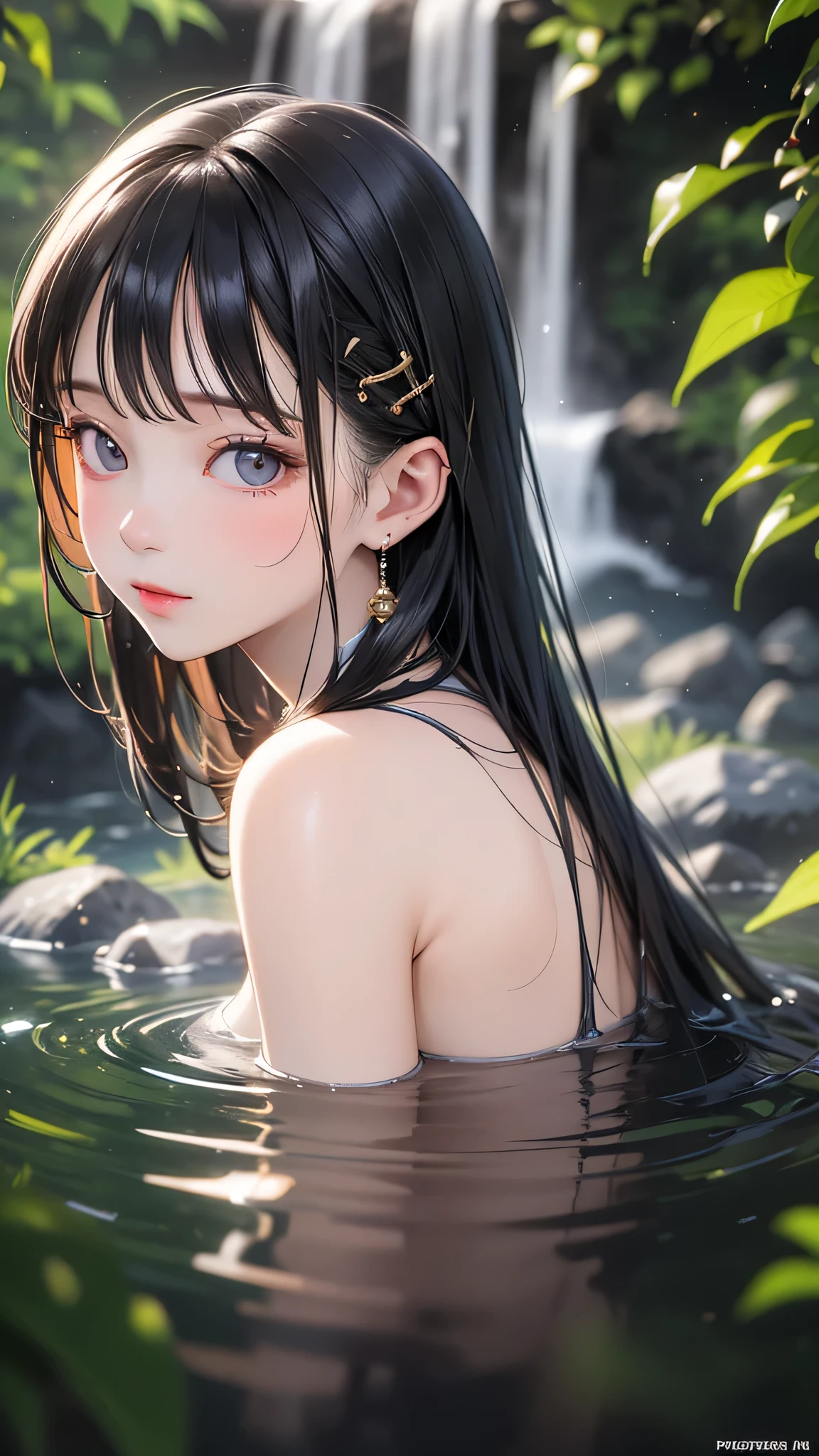 (8k、Photorealistic、RAW Photos、Highest quality: 1.4)、Very beautiful girl happily bathing near a clear and cool waterfall、Pink Skin、blue eyes、Black Hair、Detailed face、Detailed body、(Beautifully detailed face)、(Beautiful attention to detail)、realistic model、highly detailed natural landscape、CGI 8K resolution  