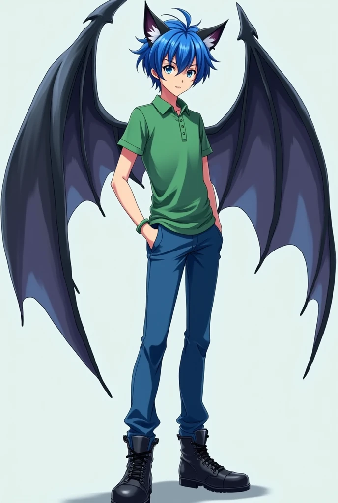 Very handsome and thin 15 year old anime boy with very adorable little ears on his head like Sonic the Hedgehog and with bat wings and his green tight polo shirt with shiny black boots and his blue hair and his shiny blue pants.