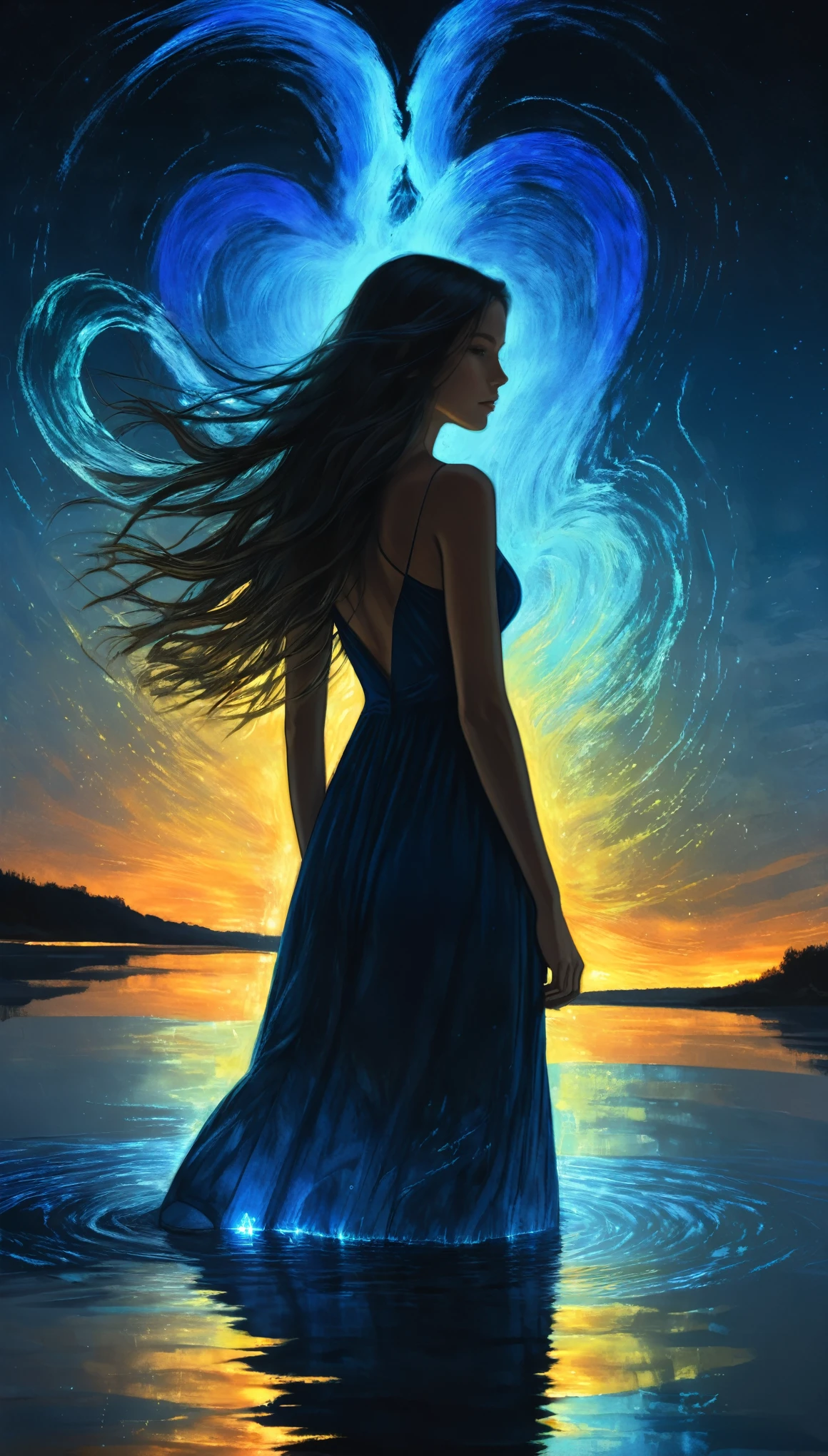 in style of Albert Pinkham Ryder,in style of Bruce Nauman,
character concept design,1girl,half body,incredibly long hair,darkblue light painting,time-lapse photography,{diffuse gradient:1.3},{colorful heart:1.2},darkblue dress,(gravure_pose:1.8),night,reflection,water surface