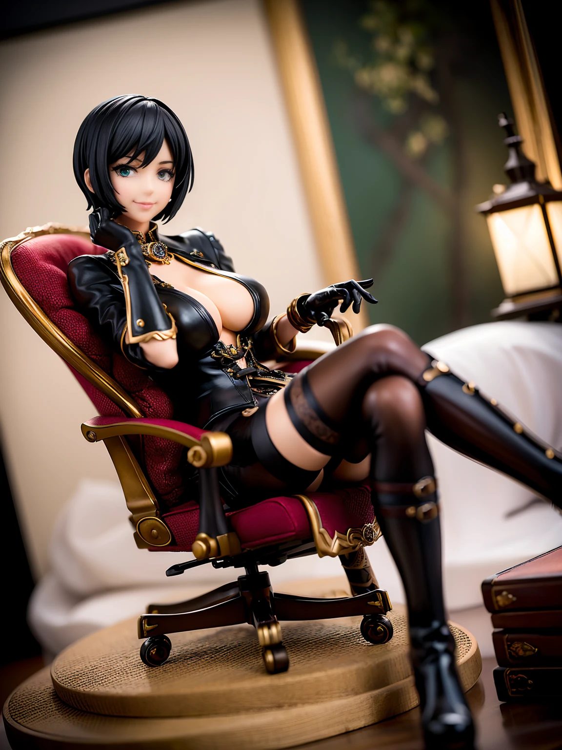 a woman in steampunk clothing sitting on chair with legs crossed, 1 girl, alone, gloves, black hair, short hair, cleavage, green eyes, fingerless gloves, smile, boots, looking at viewer, legs crossed