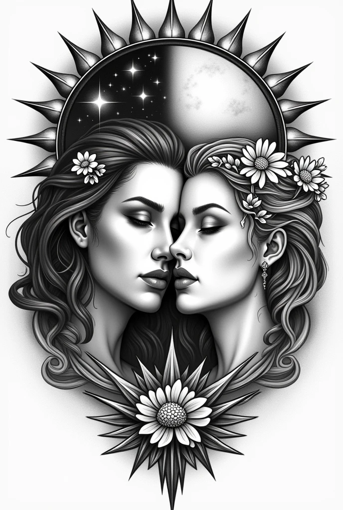 The face of a lush Valkyrie and a sun, and the face of an aphrodite and a moon in black and white
, tattoo design format of them looking at each other , make some flower details on Aphrodite and Valkyrie, some armor details and the symbols of the moon and the sun