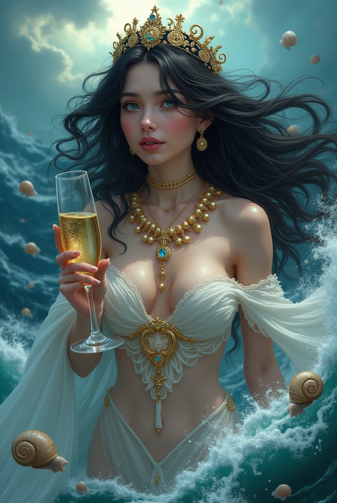 Beautiful woman long wavy black hair. wind, Queen of the sea, dressed in celestial and golden pearls, eggs, stormy sea, snails, bright blue eyes, sexy, glass of champagne, jewelry