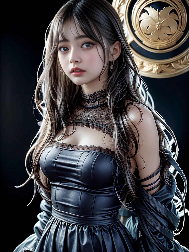 (Highest quality, High resolution, Realistic:1.2), Luxurious and upscale hotel、Dramatic lighting, Oil, Detailed skin texture, long flowing hair, Elegant pose, Bright colors, Fine brushwork, Portraiture, Realistic makeup, Strong gaze, Delicate features, Complex background, Professional illustrations、((Lace fabric 1.5)))、Small breasts 1.5、(Red see-through dress 1.4)、Tie your hair、mini skirt、Tube top、