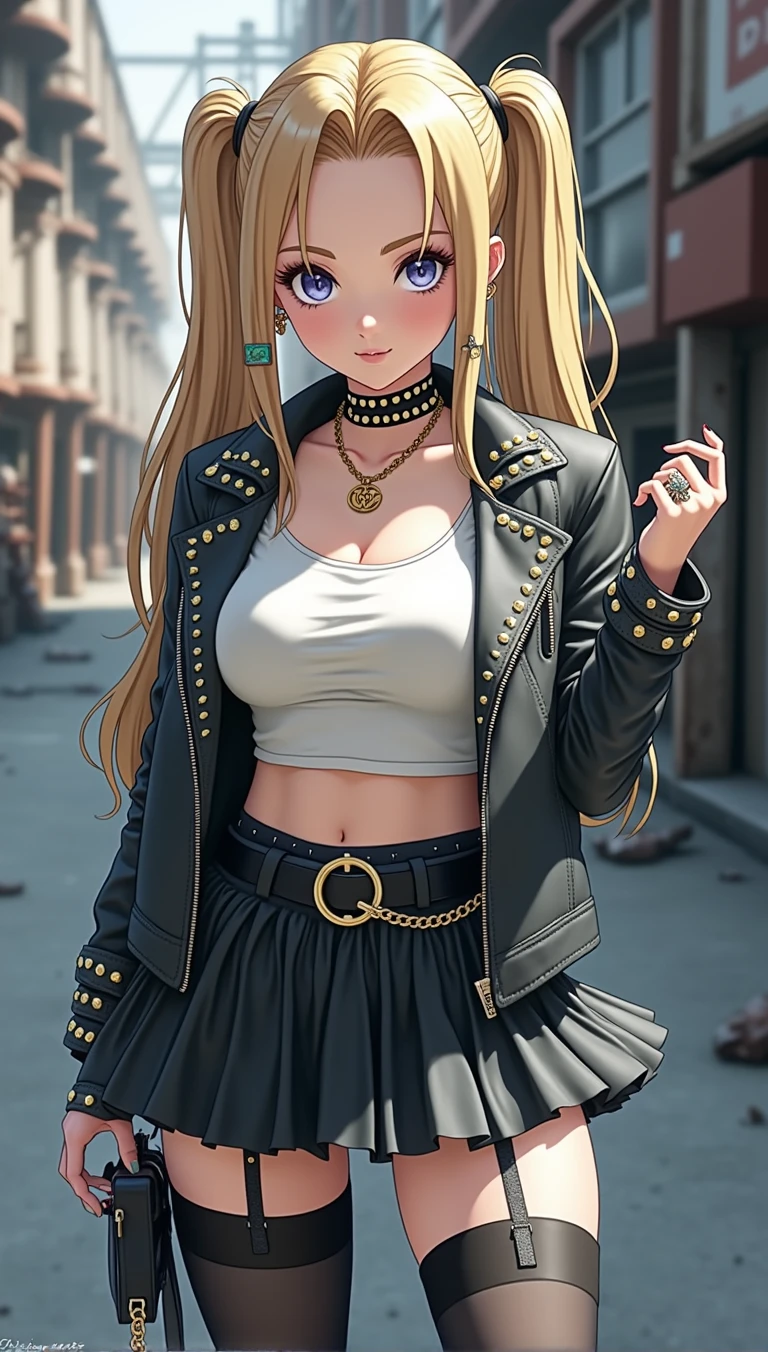 1 ghibli anime girl, solo, chest, looking at viewer, Gucci costume, skirt, thigh-high socks, belly button, twintails, jewelry, blonde hair,wearing a studded leather jacket and tulle skirt, punk hair, confidently posing among decayed machinery, outdoor, abdomen, belt, black thigh-highs, necklace , manicure, collar, open jacket, striped hair, red jacket, tattoo, chain, garter strap, earrings, ring, ear piercing, black nails, realistic, leather,a photo of a ghibli anime girl.