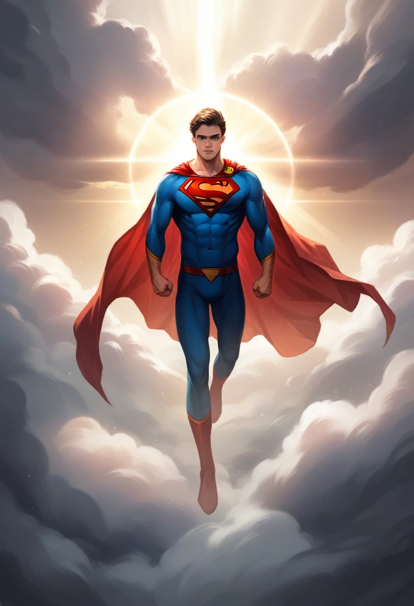 a photorealistic image of superman levitating in the clouds, uhd, full body image, fluffy clouds, ultra-detailed, ultrarealistic, 64k, muscular male superhero, cape flowing in the wind, piercing blue eyes, chiseled jawline, dramatic lighting, glowing aura, dramatic pose, photorealistic skin textures, hyper detailed facial features, 8k resolution, volumetric lighting, god rays, cinematic angles