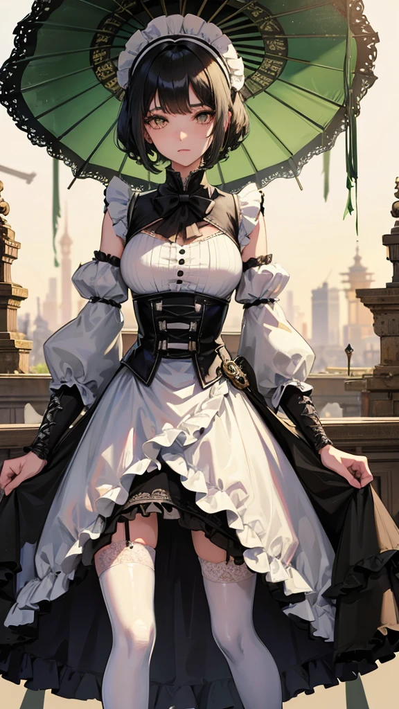 1 girl, anime, high quality, intricate details, black hair, fluffy hair, short hair, elegant, futuristic setting, maid dress, stockings, green streaks in hair, steampunk accessories, stoic expression, lacy umbrella