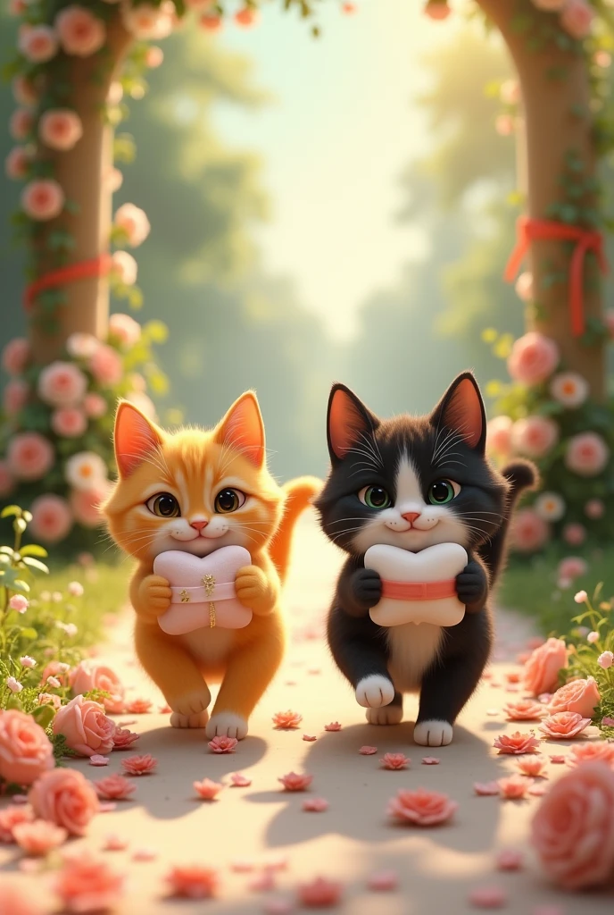 A yellow cat and a black and white cat carrying wedding rings to the altar