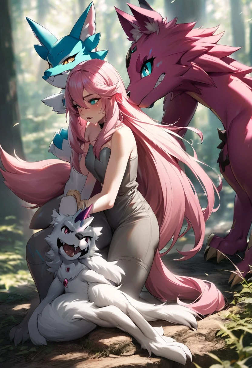 score_9,score_8_up,score_7_up,score_6_up,score_5_up,score_4_up ,,witchyaesthetic,realistic,blurry background,witchyset48 forest, platinum theme, from side, happy_tears, teal eyes, pink hair, vulpera from world of warcraft,anthro, strapless dress, very long hair, parted lips, , futanari, equine penis, furry, digimon, renamon, pokemon, futa, shemale, palworld