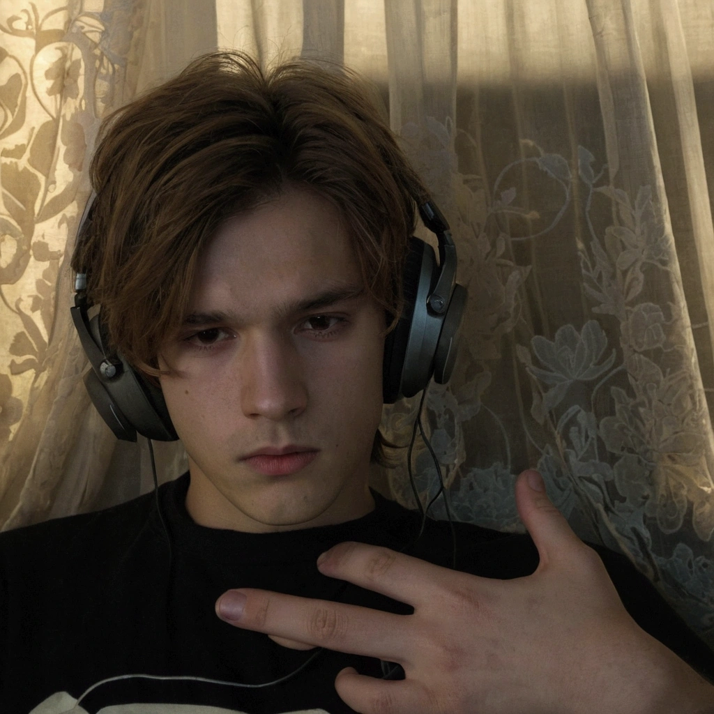The image shows a young person with messy, medium-length hair., which appears to be light brown or dark blonde. He is wearing large headphones that partially cover his ears.. His facial expression is serious, with slightly pursed lips, giving him a look of discontent or tiredness. straight nose, sharp jaw and serious eyes.
The person is making a gesture with his hand, with fingers in a position that could be interpreted as a symbol of peace, but with a bent finger, which gives it a more informal or relaxed touch.
The lighting in the image is dim, which creates soft shadows and a dark atmosphere. Behind the person, A curtain with a floral design can be seen on the left and a window covered with semi-transparent curtains on the right.. The scene appears to have been captured in an indoor environment., probably at night or in an environment with little natural light.