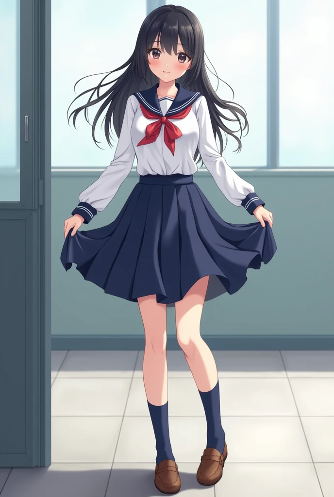 Japanese schoolgirl lifting up her skirt、Black Hair、Long Hair、Navy blue socks、loafers