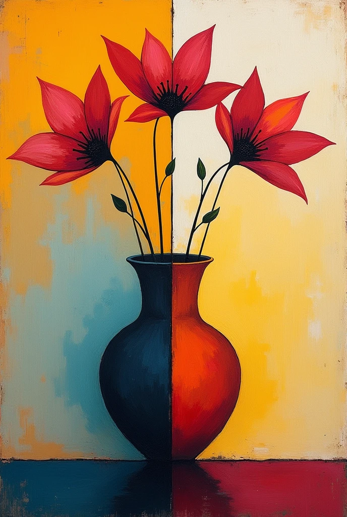 an avant-garde art painting of a vase with three simple flowers, divides the painting into four and thus in each part a different style of avant-garde art 