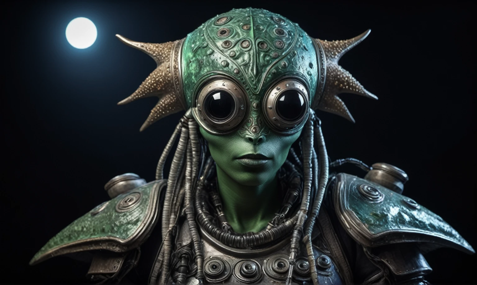 full body length shot,nerd graphite  Alien Entity,native africa slave ,azctec Finnish Lapland,Cinematic,soft colors, Technicolor,natural skin textures, hyper realism, hyper detailed,Extremely detailed,High contrast,Masterpiece,Realistic,Ultra Detailed, intricate details,realistic humid leather,extremely intricate details,Epic Realistic, cinematic style, irina yermolova,high contrast,hdr,extremely detailed, [deep night landscape],masterpiece, intricate details, eyes extremely detailed, high detailed eyes,8k resolution,retina, Nikon Z9,Korea,orc,Egypt, Pisces, transition between two art styles,full body length, Double contact, X-ray, Creative, vivid light, fantasy, Abstract, Surrealism, super detailed, high resolution,insanity national folk wear,skin  almost translucent, gothic elements,Mestichino,Light particles,chaos,starfish's leather,"(The best lighting, dark, dramatic), terror.),(fish eyes, A Modern flat toon Crazy whit a Big ONE a Only Eye Robot, USSR style, and helmet Style, tongs in hands, Tv head, pinhead, camouflage Green White Brown Rusty, Ambient in a meteorite crater super detailed, 